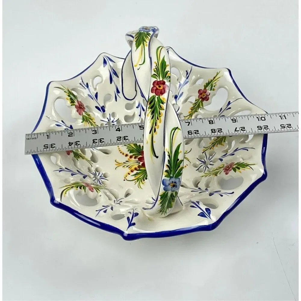 Vtg RCCL Ceramic Hand Painted Floral Blue Fruit Basket w Braided Handle Portugal